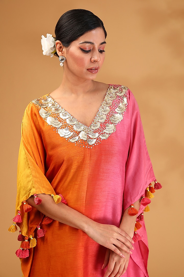 Orange Ombre Dupion Silk Gota Hand Embroidered Kurta Set by LOKA By Veerali Raveshia at Pernia's Pop Up Shop