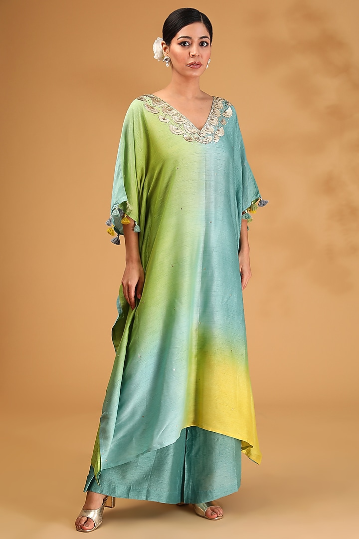 Green Ombre Dupion Silk Gota Hand Embroidered Kurta Set by LOKA By Veerali Raveshia at Pernia's Pop Up Shop