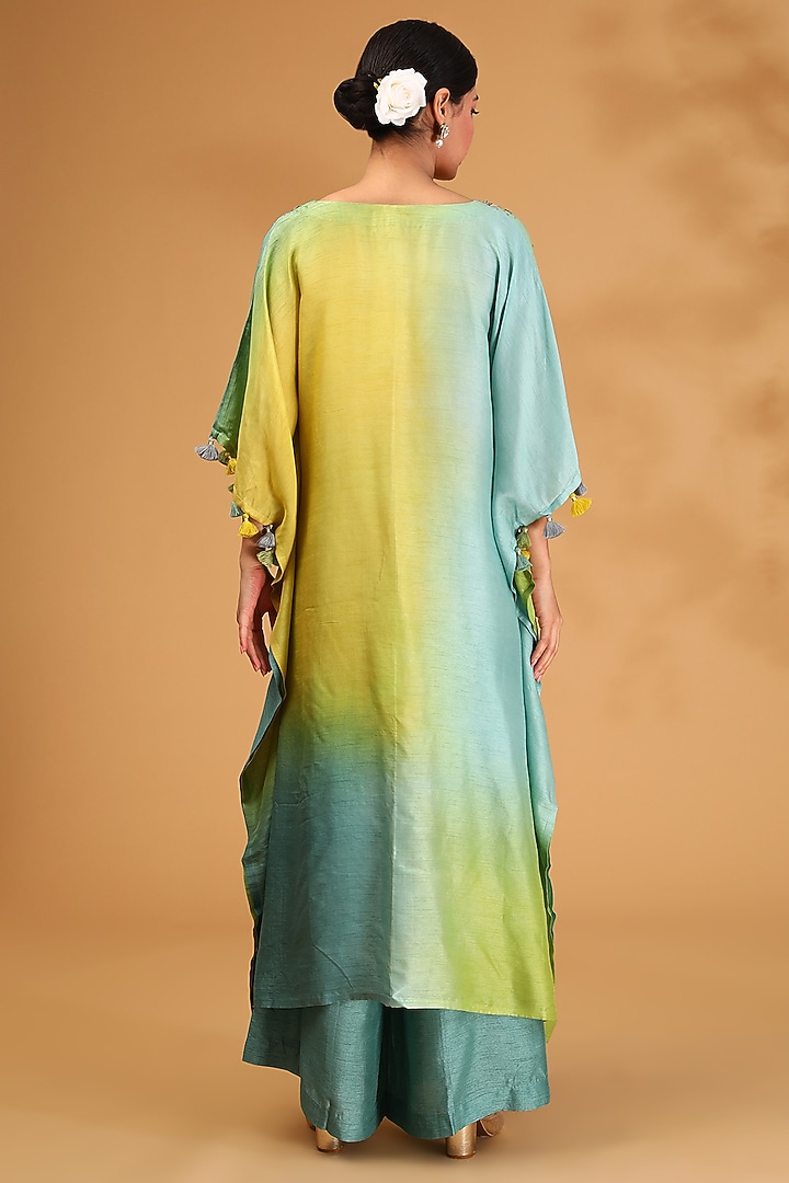 Green Ombre Dupion Silk Gota Hand Embroidered Kurta Set by LOKA By Veerali Raveshia at Pernia's Pop Up Shop
