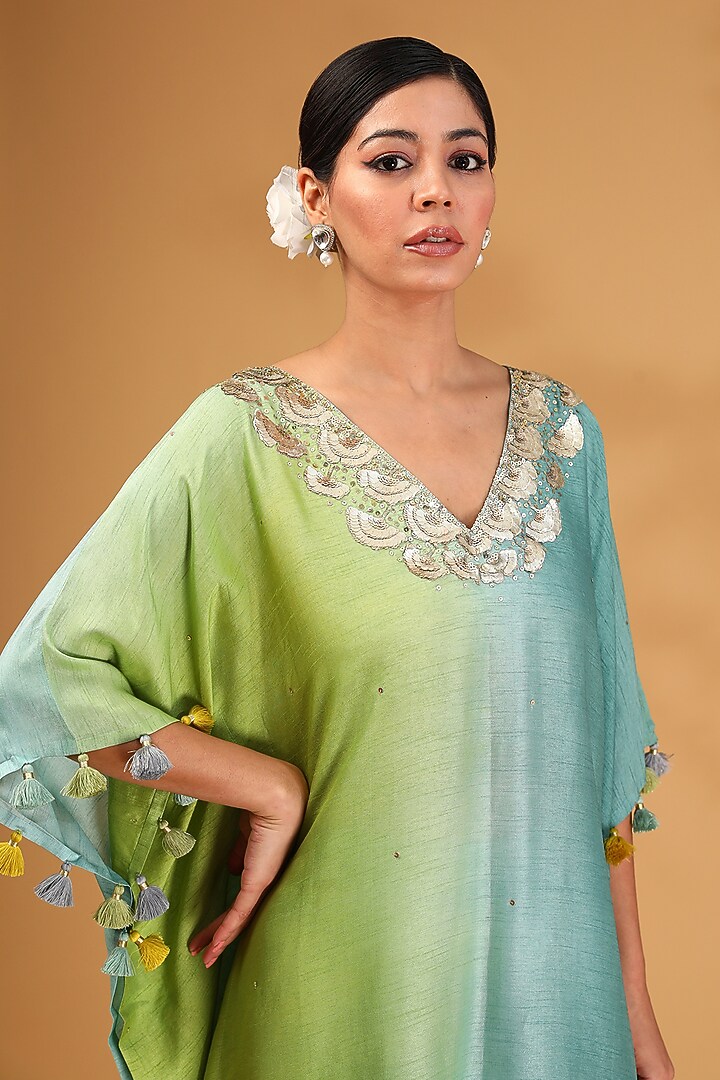 Green Ombre Dupion Silk Gota Hand Embroidered Kurta Set by LOKA By Veerali Raveshia at Pernia's Pop Up Shop