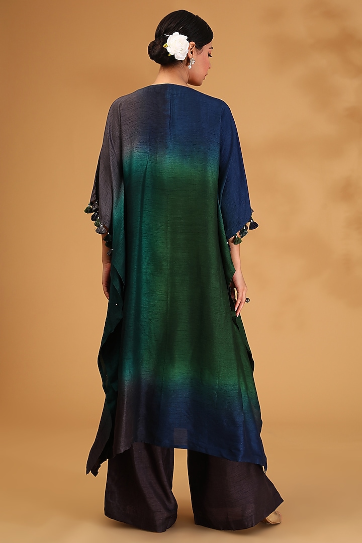 Bottle Green Ombre Dupion Silk Gota Hand Embroidered Kurta Set by LOKA By Veerali Raveshia at Pernia's Pop Up Shop
