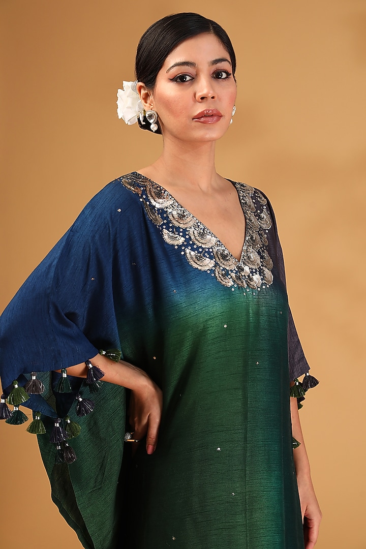 Bottle Green Ombre Dupion Silk Gota Hand Embroidered Kurta Set by LOKA By Veerali Raveshia at Pernia's Pop Up Shop