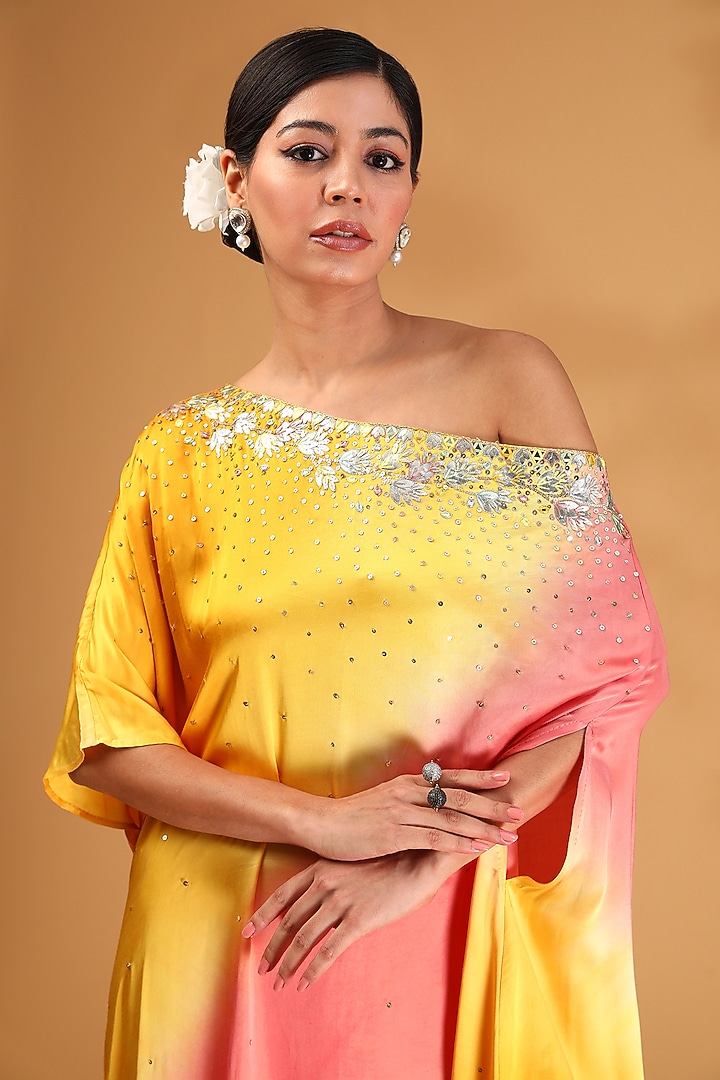Orange Gajji Silk & Satin Silk Sequins Embroidered Off-Shoulder Kaftan Set by LOKA By Veerali Raveshia at Pernia's Pop Up Shop