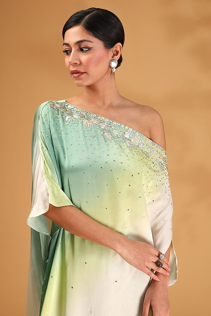 Ivory Gajji Silk & Satin Silk Sequins Embroidered Off-Shoulder Kaftan Set by LOKA By Veerali Raveshia at Pernia's Pop Up Shop