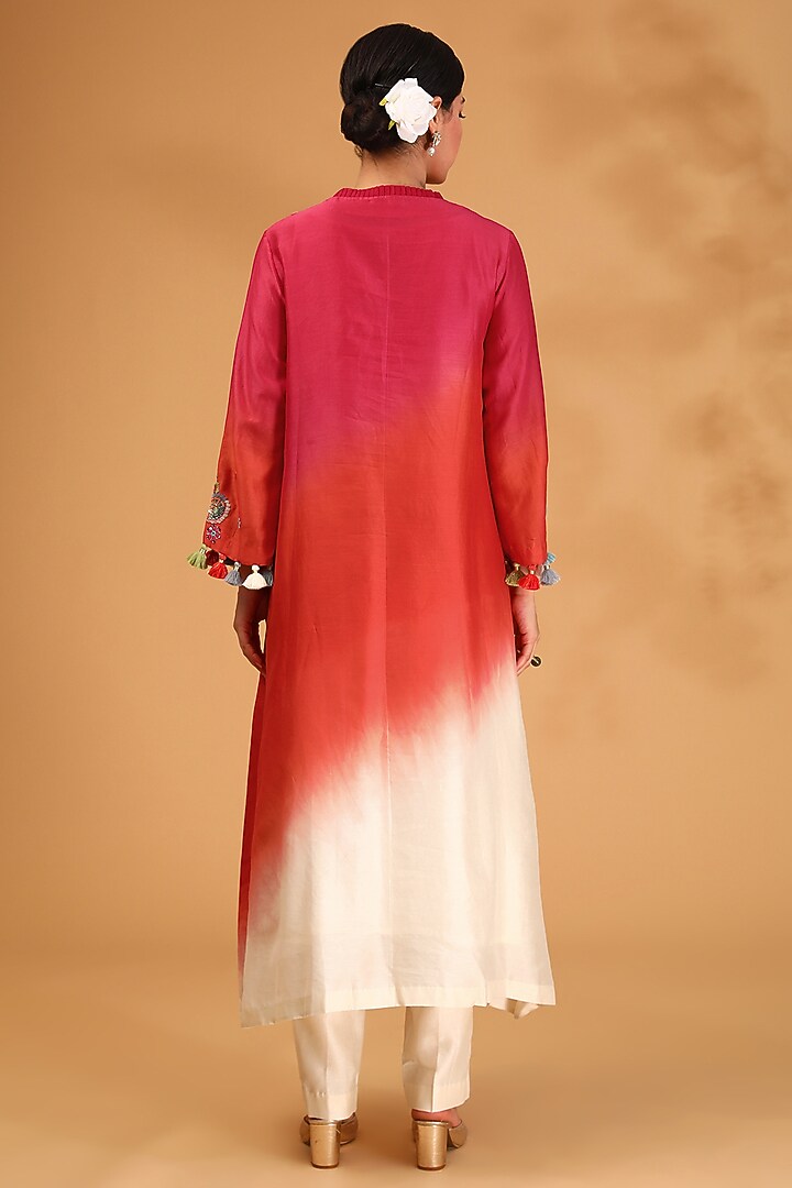 Pink Shaded Chanderi Silk Resham Hand Embroidered Kurta Set by LOKA By Veerali Raveshia at Pernia's Pop Up Shop