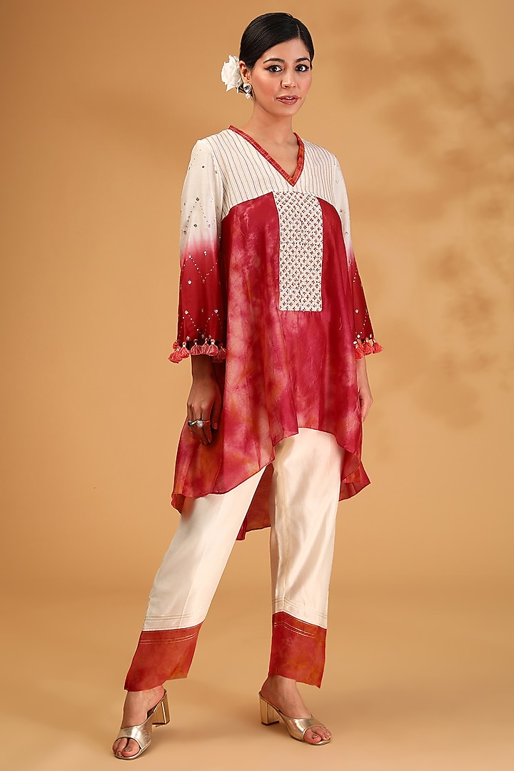 Red Chanderi Silk Hand Embroidered Tie-Dye Co-Ord Set by LOKA By Veerali Raveshia at Pernia's Pop Up Shop