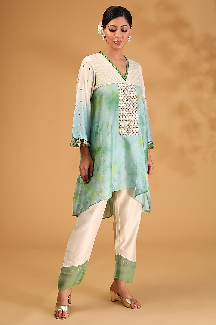 Green Chanderi Silk Hand Embroidered Tie-Dye Co-Ord Set by LOKA By Veerali Raveshia at Pernia's Pop Up Shop