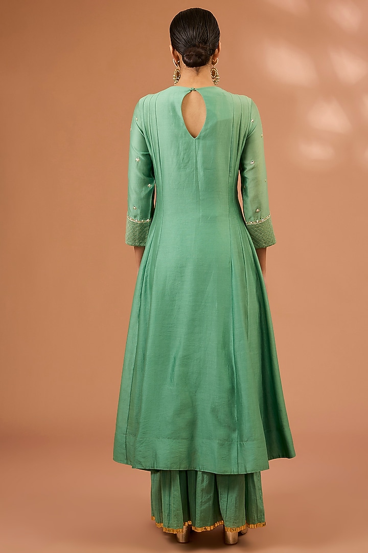 Teal Green Chanderi Silk Floral Jaal Hand Embroidered Kalidar Kurta Set by LOKA By Veerali Raveshia at Pernia's Pop Up Shop