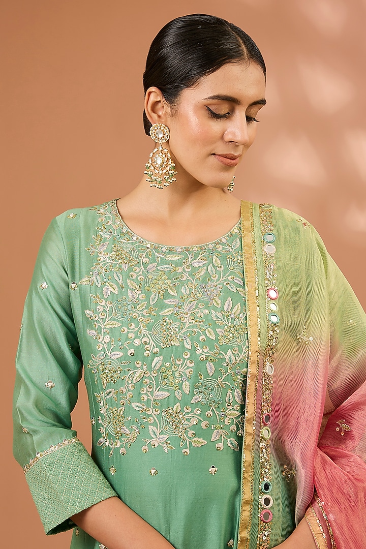 Teal Green Chanderi Silk Floral Jaal Hand Embroidered Kalidar Kurta Set by LOKA By Veerali Raveshia at Pernia's Pop Up Shop