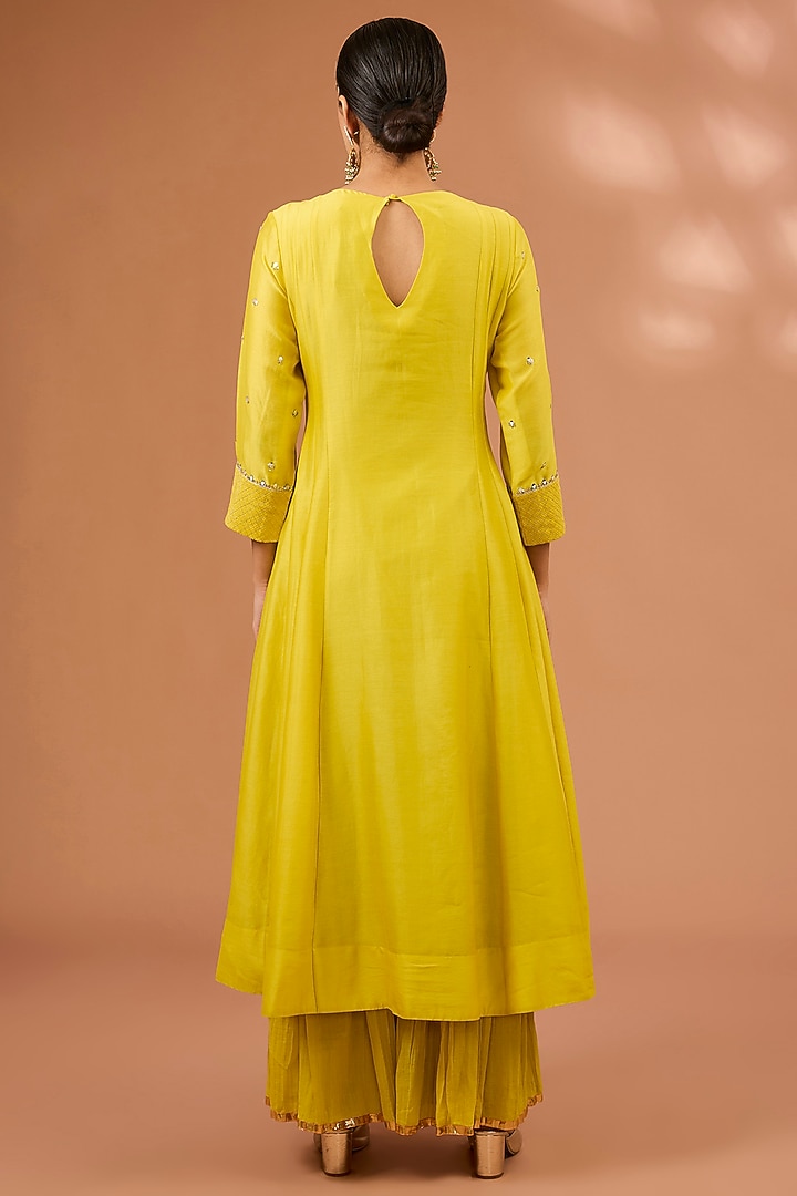 Lime Chanderi Silk Floral Jaal Hand Embroidered Kalidar Kurta Set by LOKA By Veerali Raveshia at Pernia's Pop Up Shop