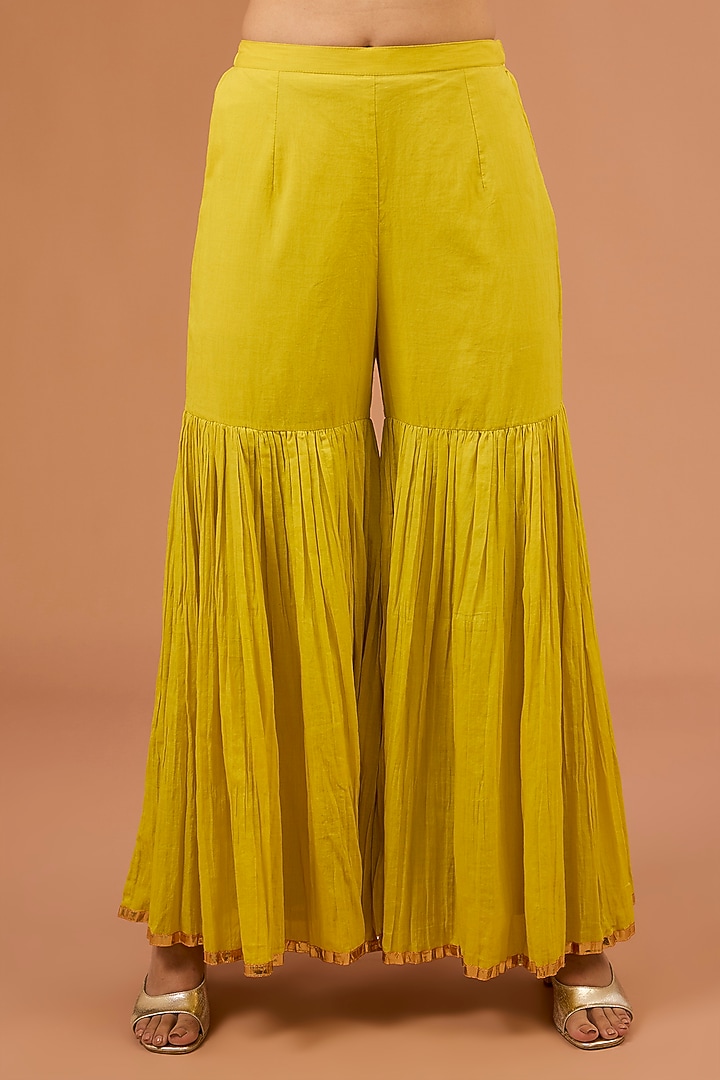 Lime Chanderi Silk Floral Jaal Hand Embroidered Kalidar Kurta Set by LOKA By Veerali Raveshia at Pernia's Pop Up Shop