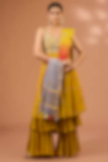 Mustard Yellow Dupion Silk Ruffled Layered Sharara Set by LOKA By Veerali Raveshia at Pernia's Pop Up Shop