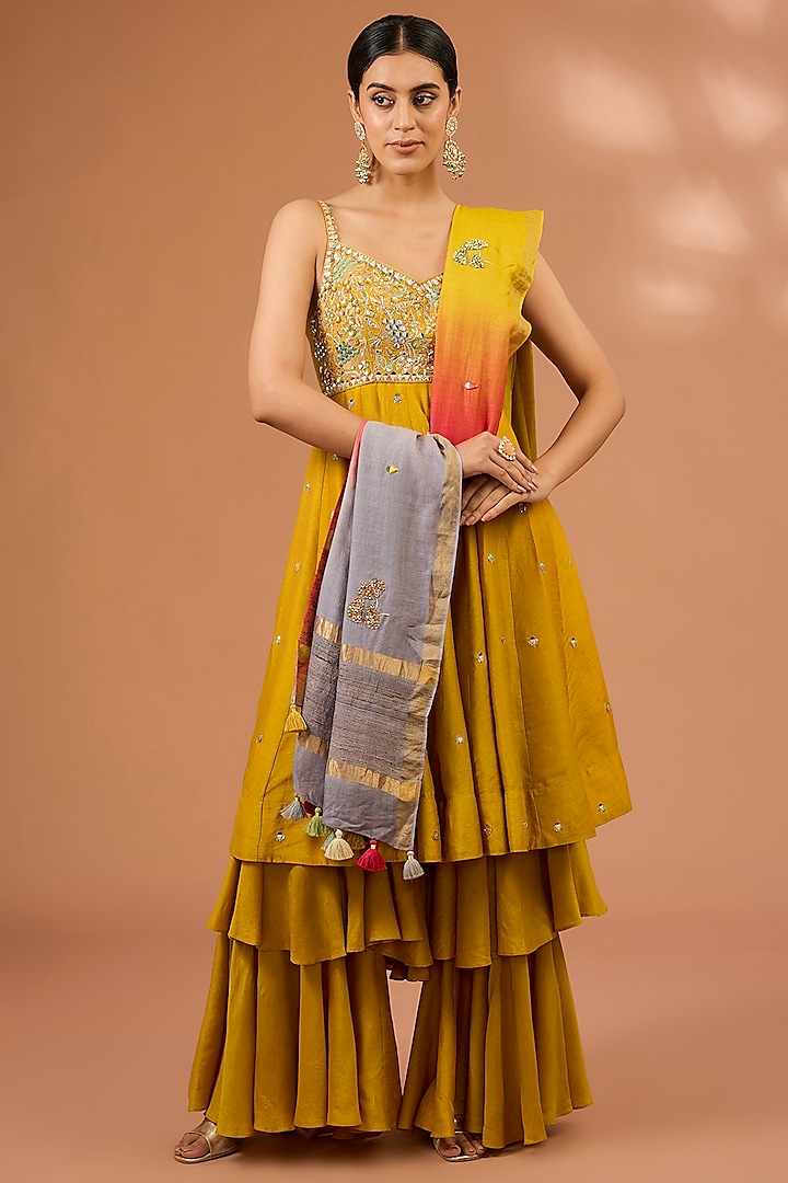 Mustard Yellow Dupion Silk Ruffled Layered Sharara Set by LOKA By Veerali Raveshia at Pernia's Pop Up Shop