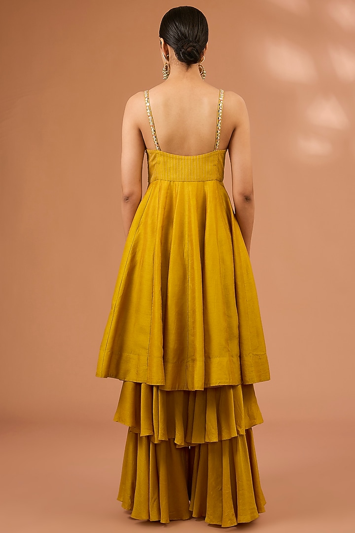 Mustard Yellow Dupion Silk Ruffled Layered Wedding Sharara Set by LOKA By Veerali Raveshia at Pernia's Pop Up Shop