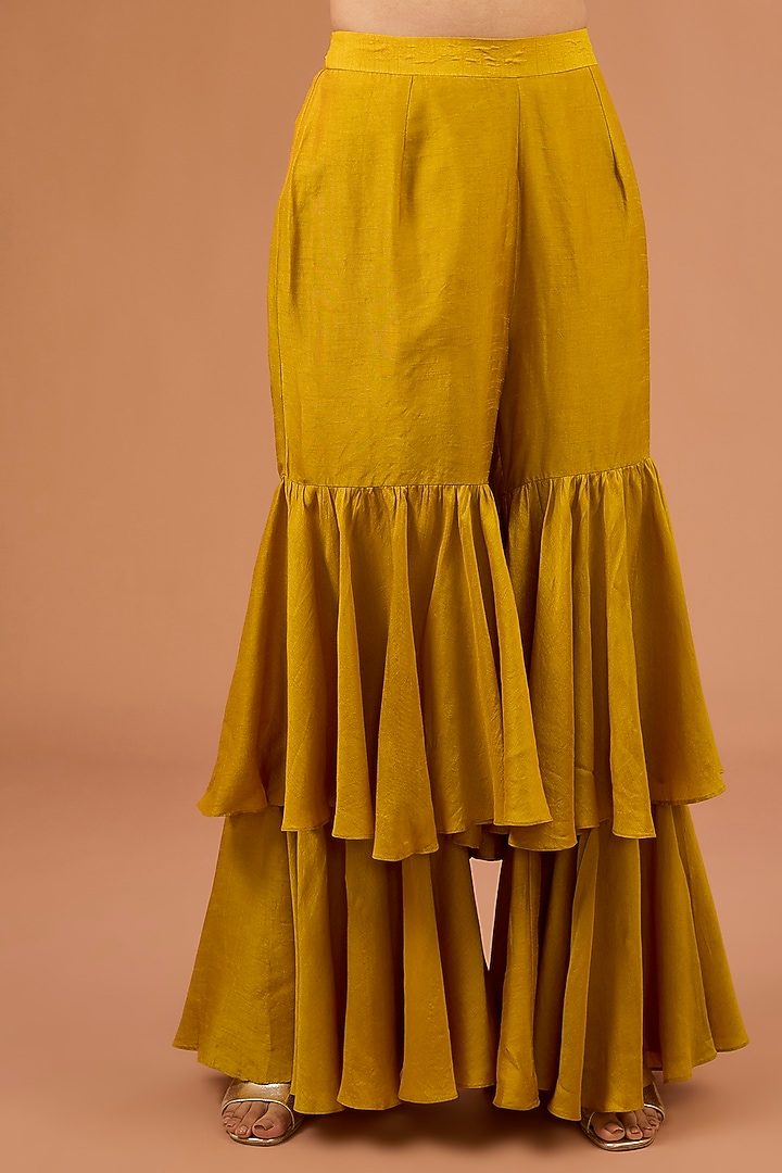 Mustard Yellow Dupion Silk Ruffled Layered Wedding Sharara Set by LOKA By Veerali Raveshia at Pernia's Pop Up Shop