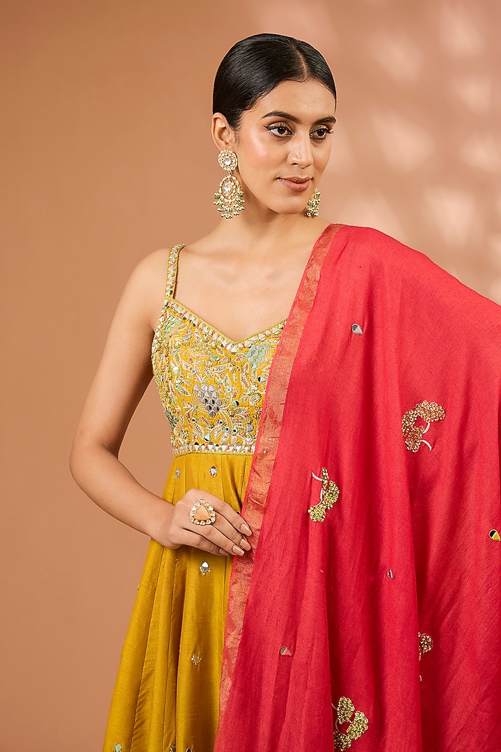 Mustard Yellow Dupion Silk Ruffled Layered Wedding Sharara Set by LOKA By Veerali Raveshia at Pernia's Pop Up Shop
