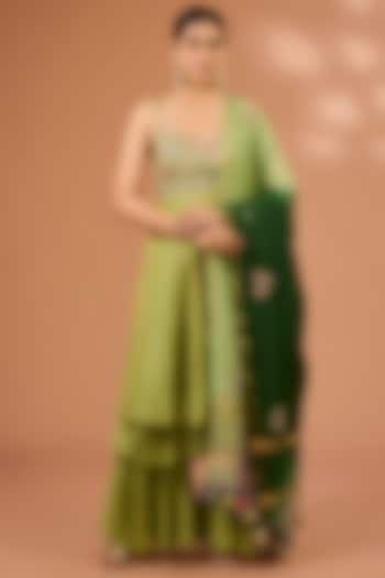 Green Dupion Silk Ruffled Layered Sharara Set by LOKA By Veerali Raveshia at Pernia's Pop Up Shop