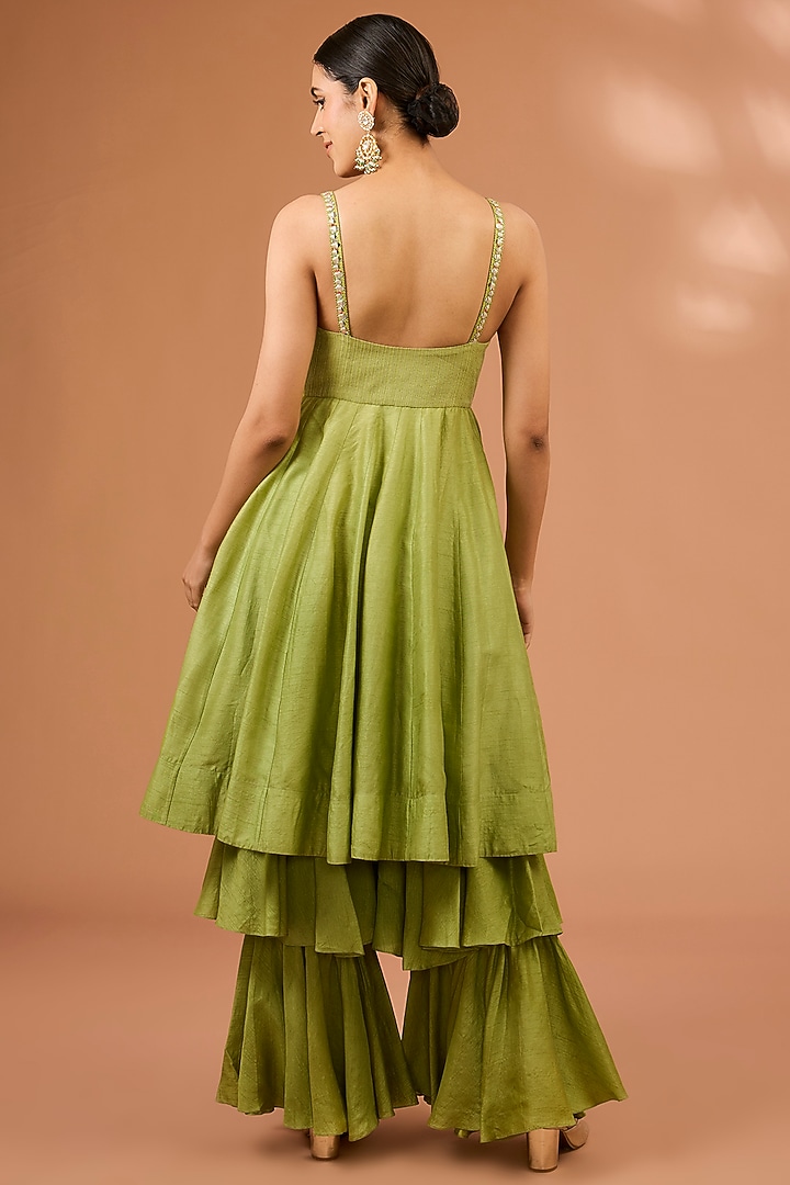 Green Dupion Silk Ruffled Layered Wedding Sharara Set by LOKA By Veerali Raveshia at Pernia's Pop Up Shop