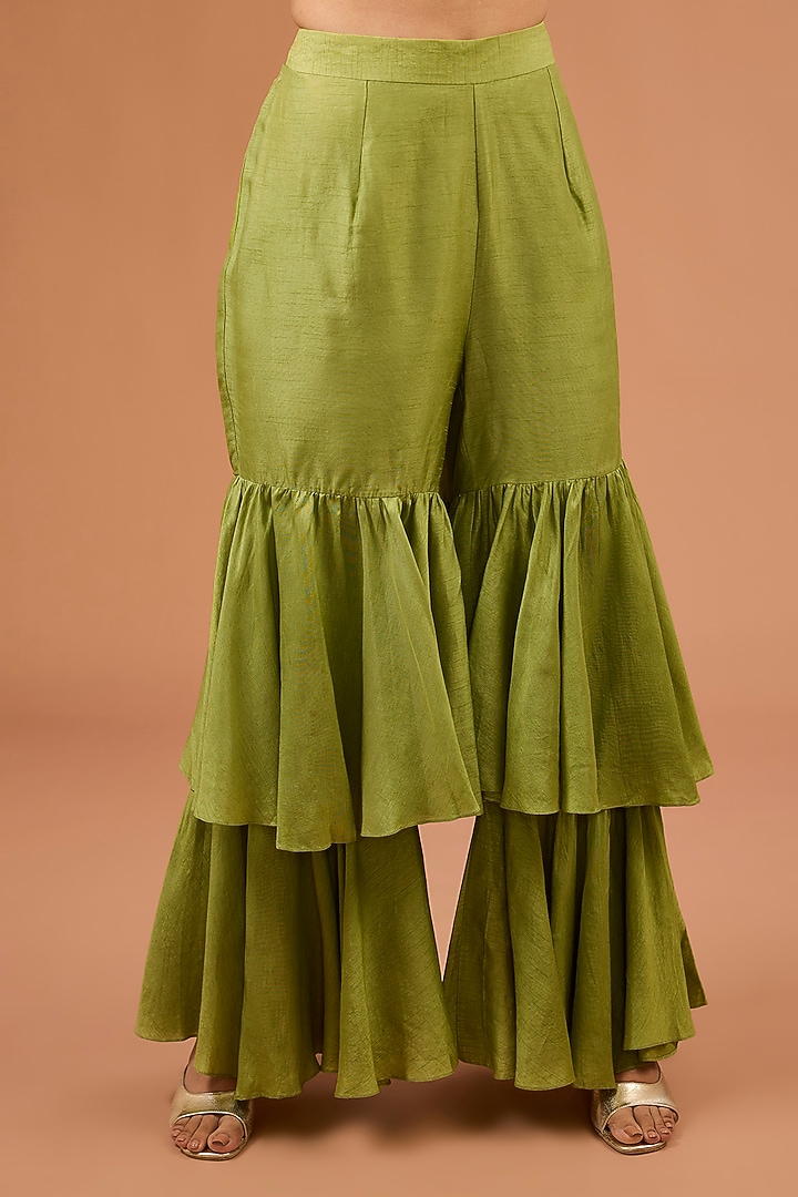 Green Dupion Silk Ruffled Layered Wedding Sharara Set by LOKA By Veerali Raveshia at Pernia's Pop Up Shop