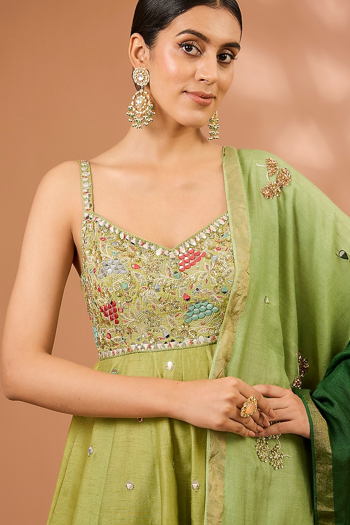 Green Dupion Silk Ruffled Layered Wedding Sharara Set by LOKA By Veerali Raveshia at Pernia's Pop Up Shop