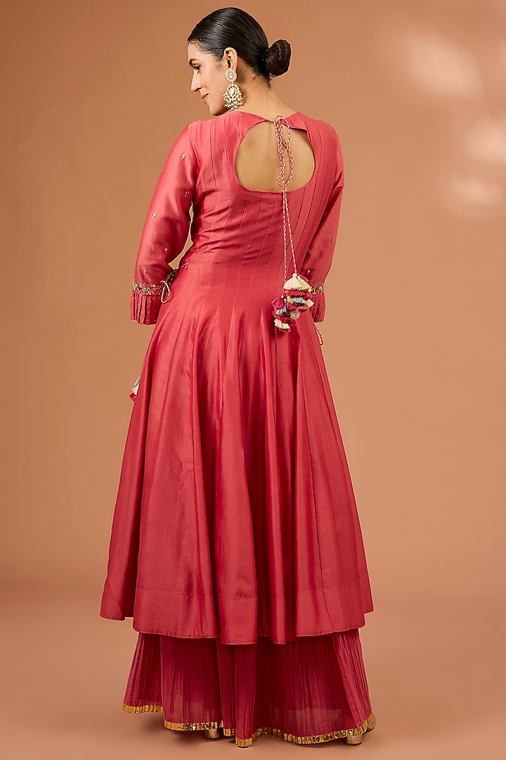 Coral Red Crushed Mul Wedding Sharara Set by LOKA By Veerali Raveshia at Pernia's Pop Up Shop
