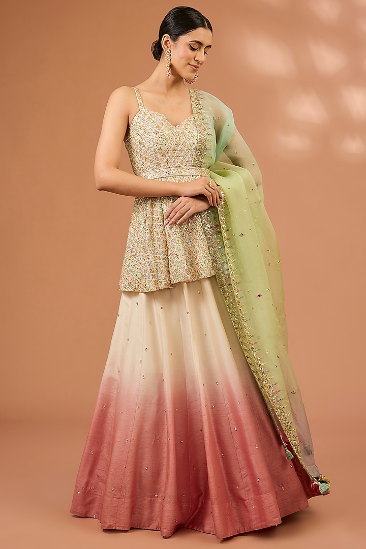 Ivory & Pink Ombre Dupion Silk Hand Embroidered Wedding Lehenga Set by LOKA By Veerali Raveshia at Pernia's Pop Up Shop