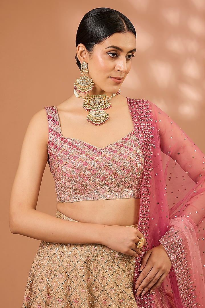 Beige Raw Silk Floral Hand Embroidered Bridal Lehenga Set by LOKA By Veerali Raveshia at Pernia's Pop Up Shop