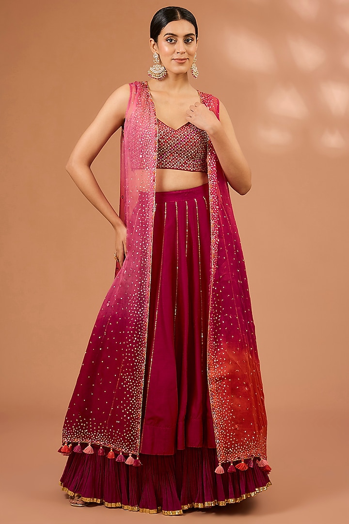 Ruby Red Dupion Silk Sequins Hand Embroidered Layered Gharara Set by LOKA By Veerali Raveshia at Pernia's Pop Up Shop