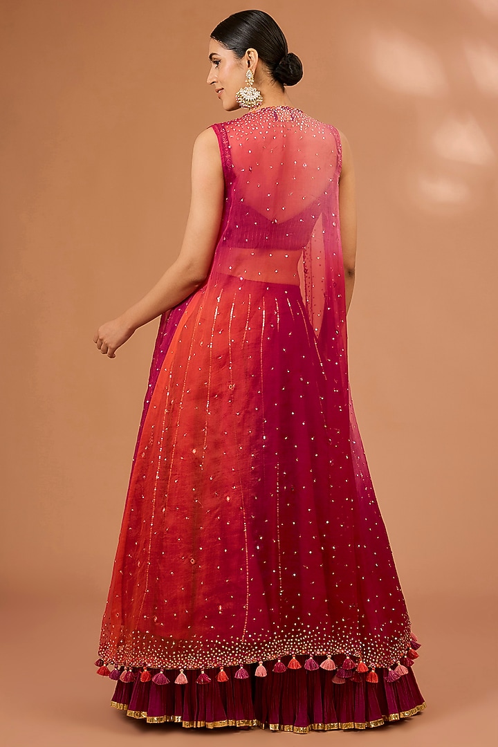 Ruby Red Dupion Silk Sequins Hand Embroidered Layered Gharara Set by LOKA By Veerali Raveshia at Pernia's Pop Up Shop