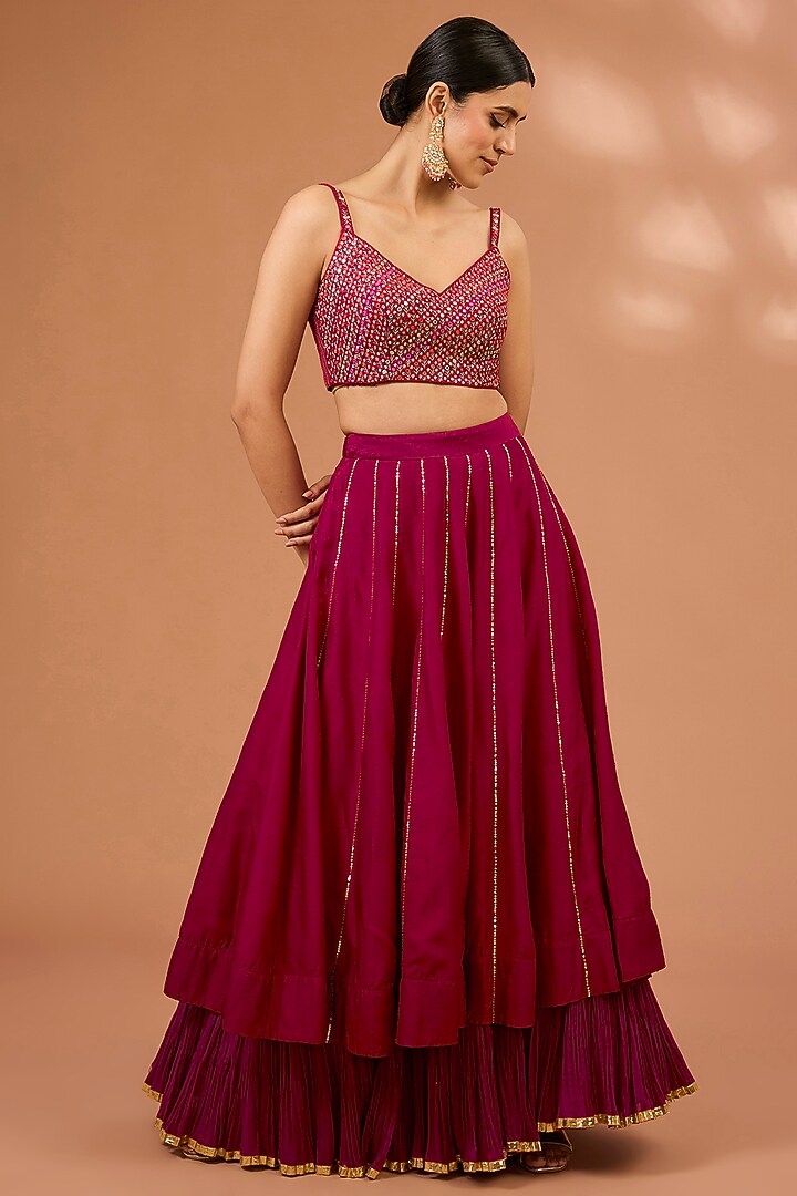 Ruby Red Dupion Silk Sequins Hand Embroidered Layered Gharara Set by LOKA By Veerali Raveshia at Pernia's Pop Up Shop