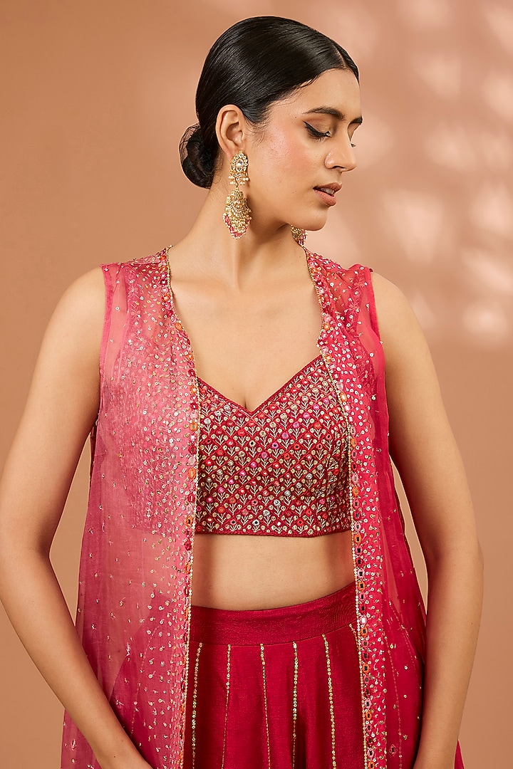 Ruby Red Dupion Silk Sequins Hand Embroidered Layered Gharara Set by LOKA By Veerali Raveshia at Pernia's Pop Up Shop