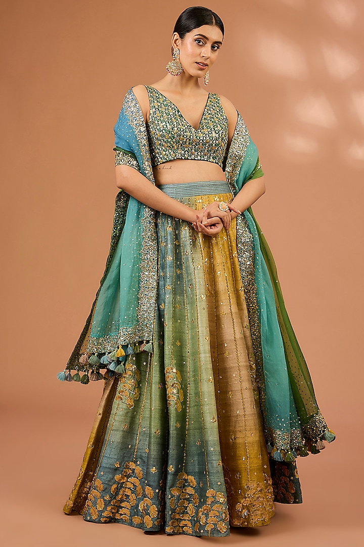 Green & Mustard Ombre Raw Silk Floral Hand Embroidered Bridal Lehenga Set by LOKA By Veerali Raveshia at Pernia's Pop Up Shop