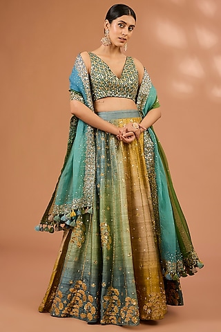 Green & Mustard Ombre Raw Silk Floral Hand Embroidered Lehenga Set by LOKA By Veerali Raveshia