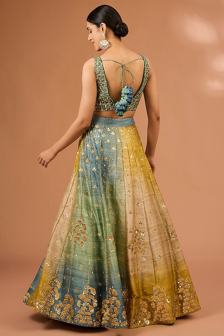 Green & Mustard Ombre Raw Silk Floral Hand Embroidered Bridal Lehenga Set by LOKA By Veerali Raveshia at Pernia's Pop Up Shop