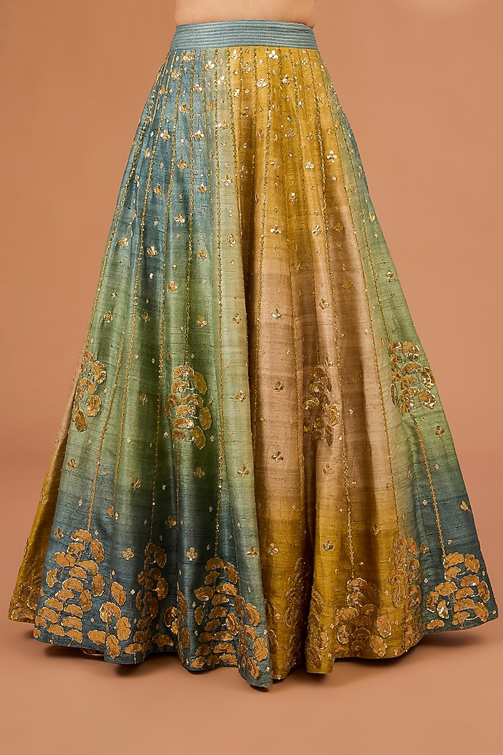 Green & Mustard Ombre Raw Silk Floral Hand Embroidered Bridal Lehenga Set by LOKA By Veerali Raveshia at Pernia's Pop Up Shop