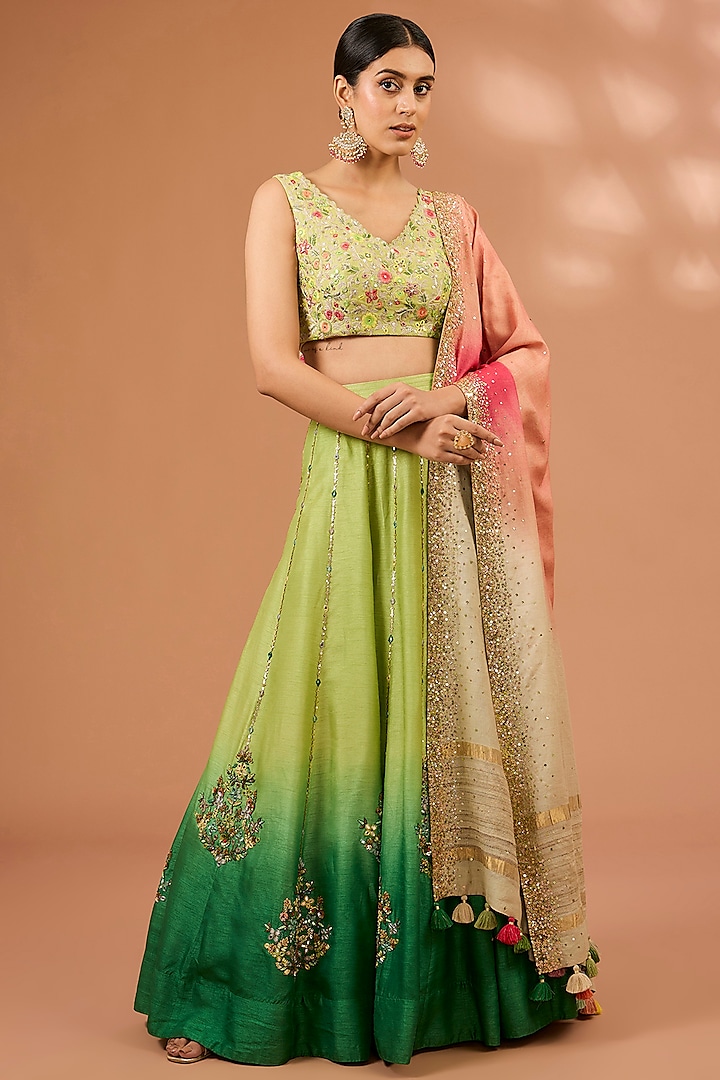 Pistachio Green Ombre Dupion Silk Mirror Hand Embroidered Wedding Lehenga Set by LOKA By Veerali Raveshia at Pernia's Pop Up Shop