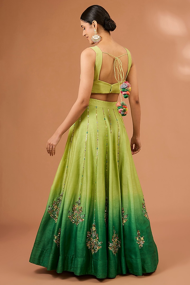 Pistachio Green Ombre Dupion Silk Mirror Hand Embroidered Wedding Lehenga Set by LOKA By Veerali Raveshia at Pernia's Pop Up Shop