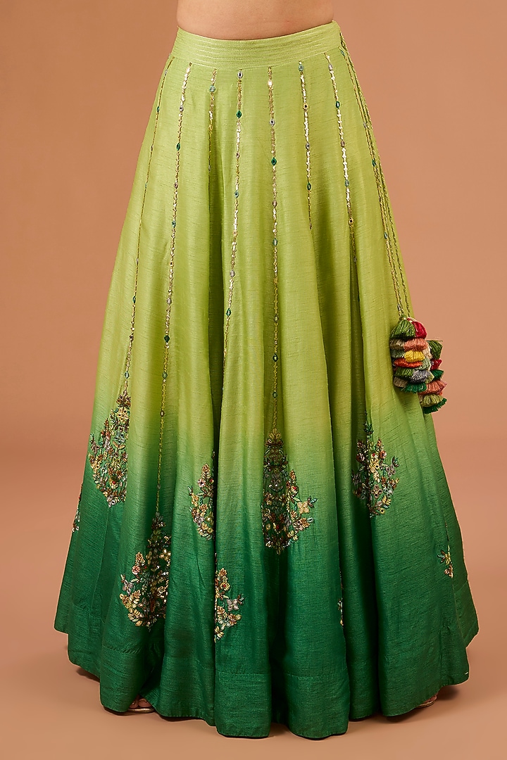 Pistachio Green Ombre Dupion Silk Mirror Hand Embroidered Wedding Lehenga Set by LOKA By Veerali Raveshia at Pernia's Pop Up Shop