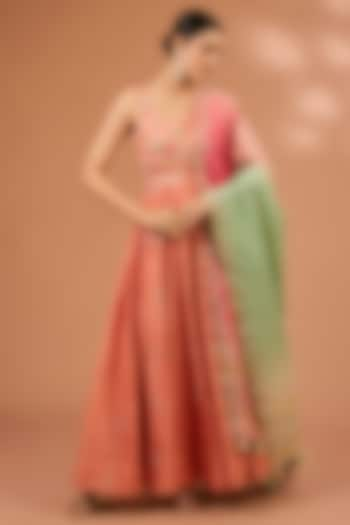 Peach Pink Dupion Silk Mirror Hand Embroidered Anarkali Set by LOKA By Veerali Raveshia at Pernia's Pop Up Shop