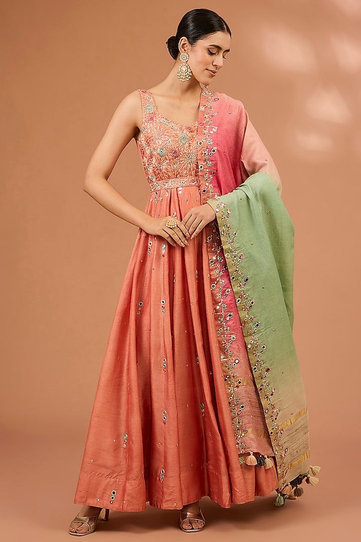 Peach Pink Dupion Silk Mirror Hand Embroidered Anarkali Set by LOKA By Veerali Raveshia at Pernia's Pop Up Shop