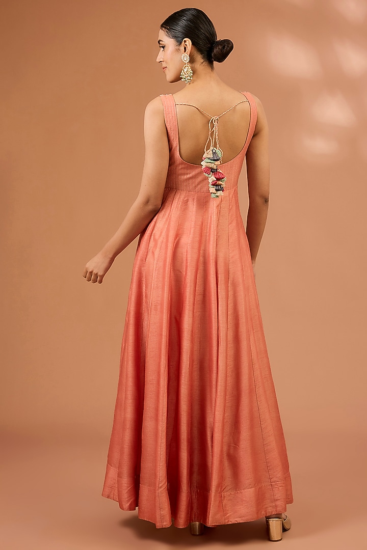 Peach Pink Dupion Silk Mirror Hand Embroidered Wedding Anarkali Set by LOKA By Veerali Raveshia at Pernia's Pop Up Shop
