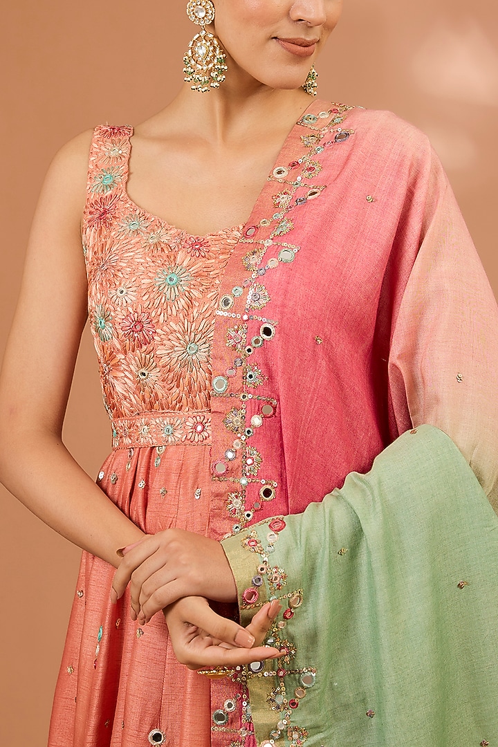 Peach Pink Dupion Silk Mirror Hand Embroidered Wedding Anarkali Set by LOKA By Veerali Raveshia at Pernia's Pop Up Shop