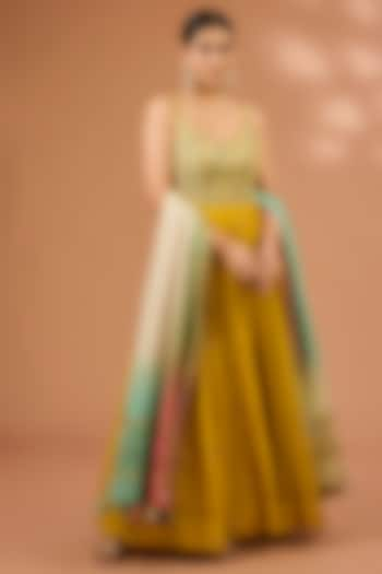 Mustard Yellow Dupion Silk Resham Hand Embroidered Anarkali Set by LOKA By Veerali Raveshia at Pernia's Pop Up Shop