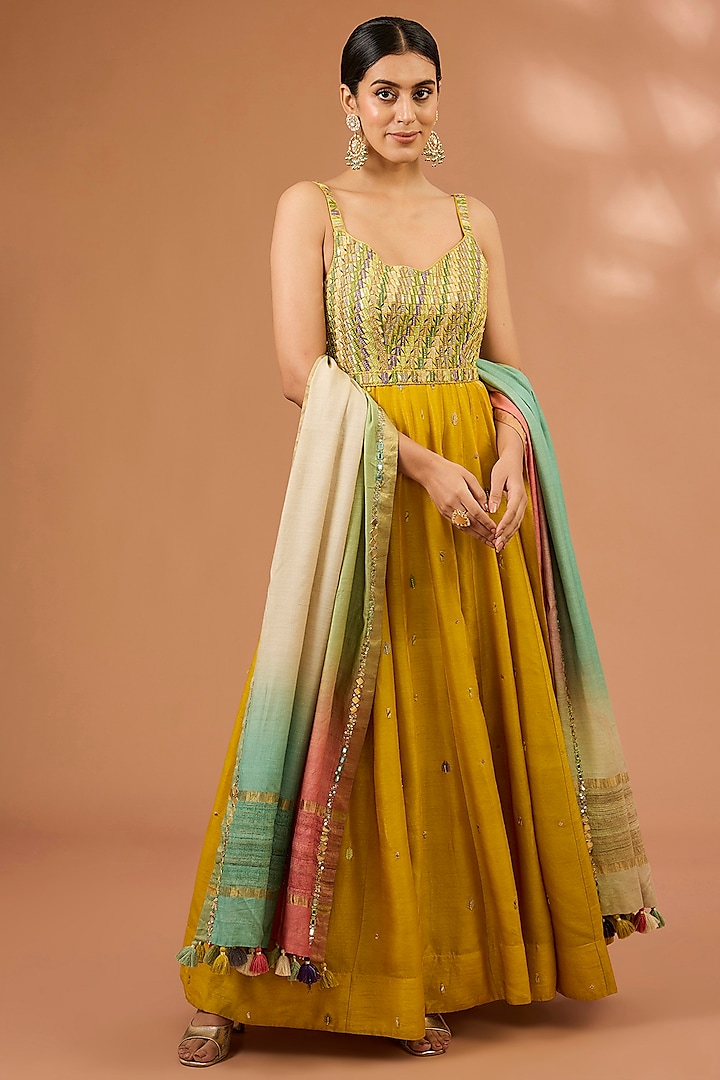 Mustard Yellow Dupion Silk Resham Hand Embroidered Anarkali Set by LOKA By Veerali Raveshia at Pernia's Pop Up Shop