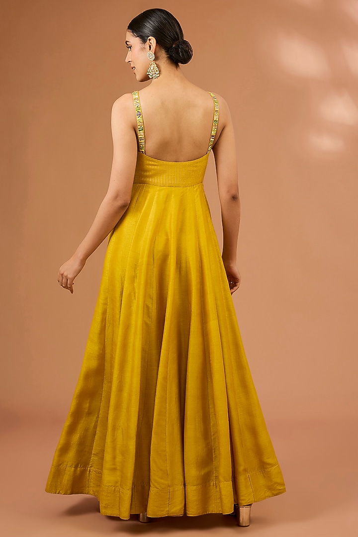 Mustard Yellow Dupion Silk Resham Hand Embroidered Wedding Anarkali Set by LOKA By Veerali Raveshia at Pernia's Pop Up Shop