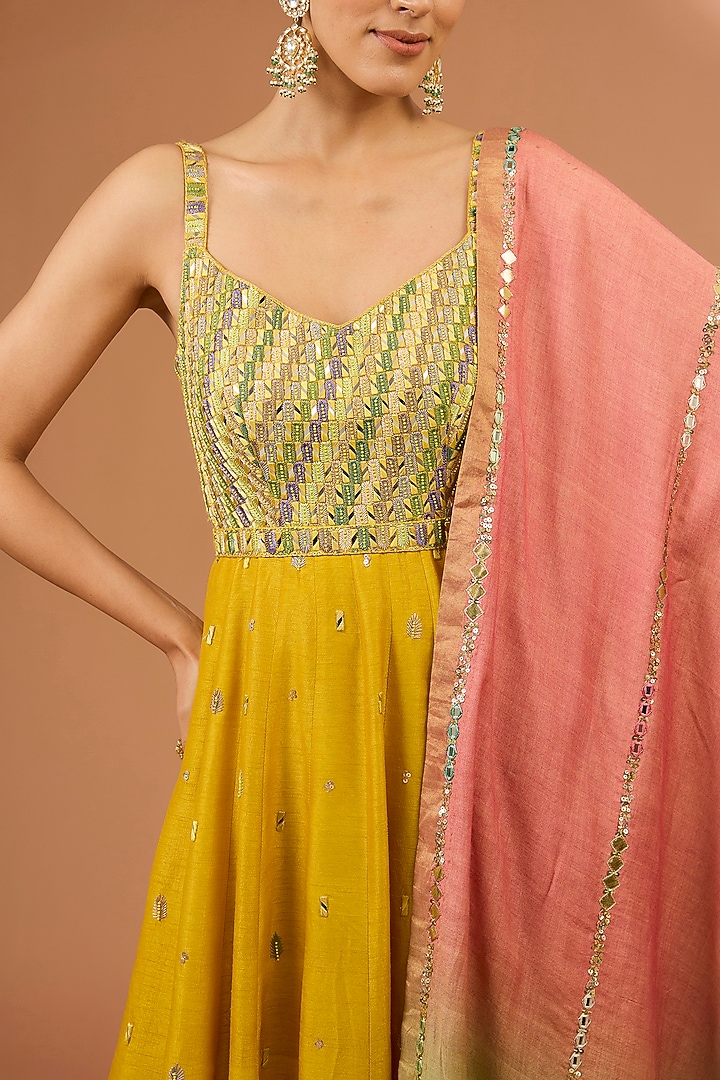 Mustard Yellow Dupion Silk Resham Hand Embroidered Wedding Anarkali Set by LOKA By Veerali Raveshia at Pernia's Pop Up Shop