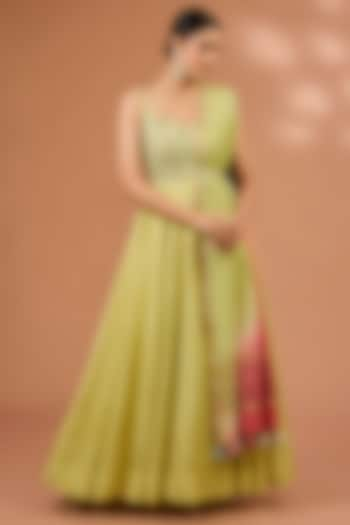 Lime Dupion Silk Resham Hand Embroidered Anarkali Set by LOKA By Veerali Raveshia at Pernia's Pop Up Shop