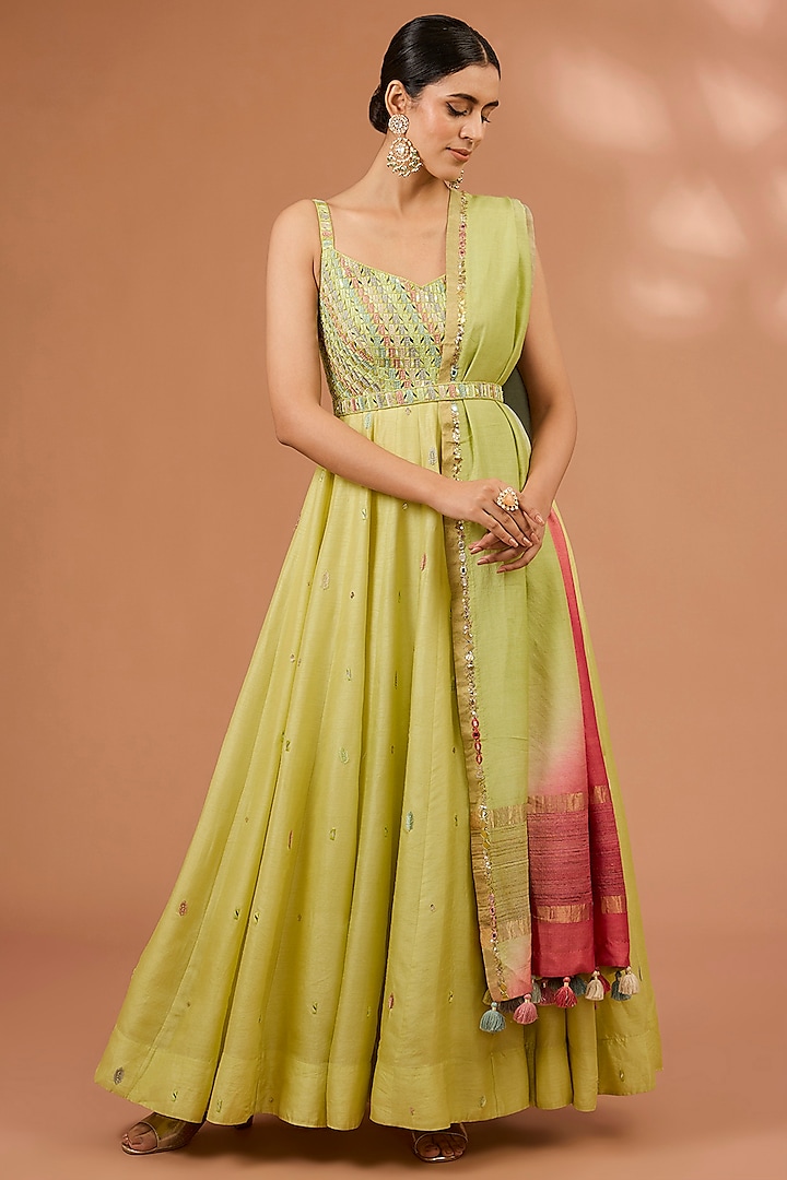 Lime Dupion Silk Resham Hand Embroidered Anarkali Set by LOKA By Veerali Raveshia at Pernia's Pop Up Shop