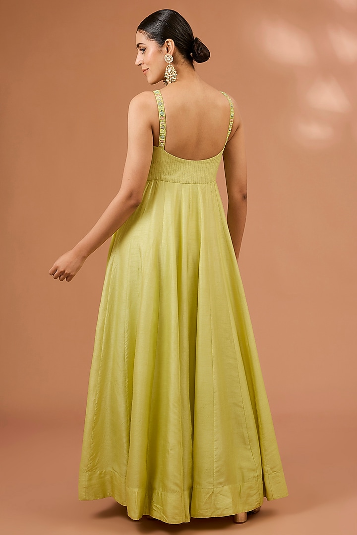 Lime Dupion Silk Resham Hand Embroidered Wedding Anarkali Set by LOKA By Veerali Raveshia at Pernia's Pop Up Shop