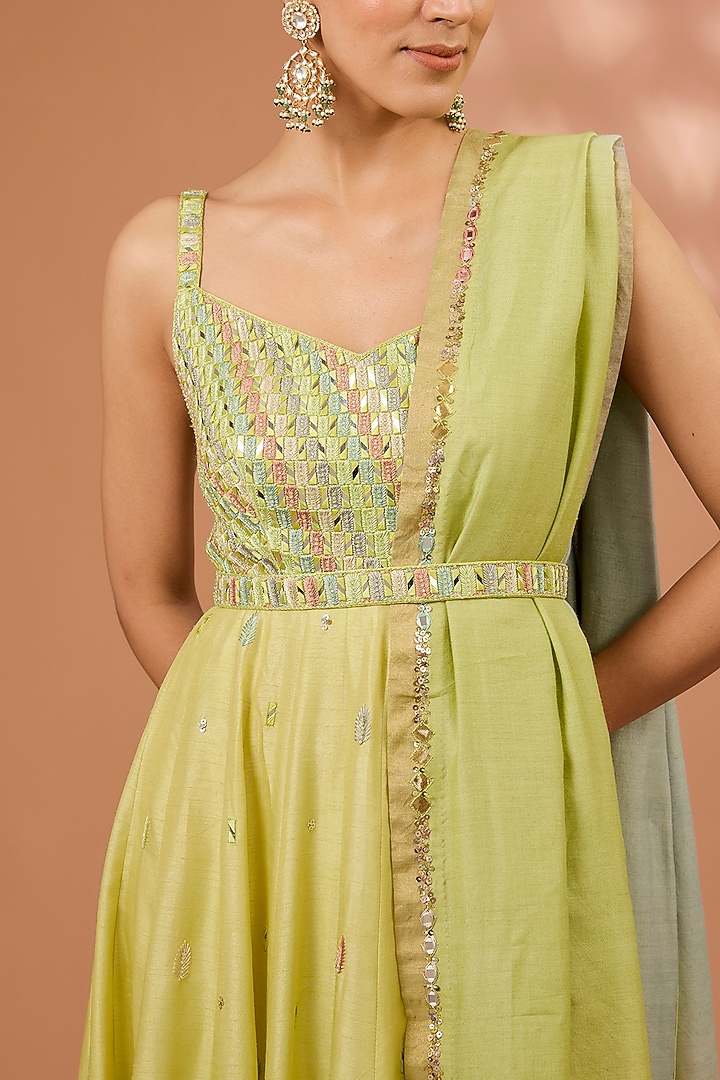 Lime Dupion Silk Resham Hand Embroidered Wedding Anarkali Set by LOKA By Veerali Raveshia at Pernia's Pop Up Shop